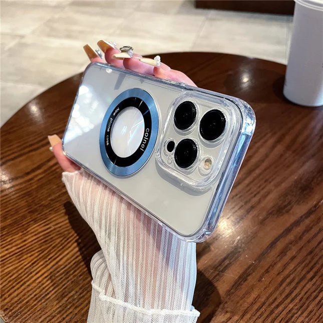 For iPhone 15 Pro Max Magnetic Case Clear Back Phone Cover TPU + PC with Ring Logo View - Blue