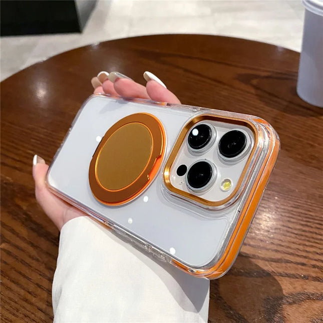 For iPhone 15 Pro Max Magnetic Case with Kickstand PC + TPU Clear Phone Back Cover - Orange