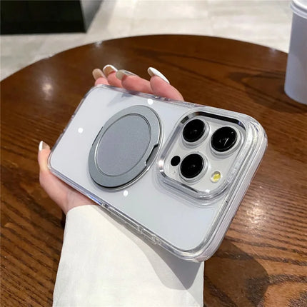 For iPhone 15 Pro Max Magnetic Case with Kickstand PC + TPU Clear Phone Back Cover - White
