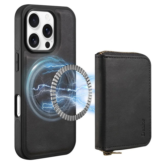 For iPhone 16 Pro Case Skin Touch Leather Back Cover with Detachable Zipper Card Slot - Black