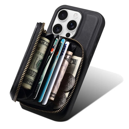 DENIOR For iPhone 16 Pro Max Case Skin Touch Leather Back Cover with Detachable Zipper Card Slot