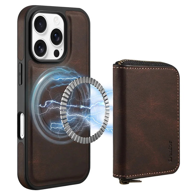 DENIOR For iPhone 16 Pro Max Case Skin Touch Leather Back Cover with Detachable Zipper Card Slot - Brown