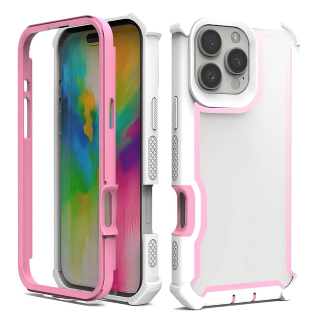 For iPhone 16 Pro Max Case Reinforced Corner Design TPU + PC Shockproof Phone Cover - White  /  Pink