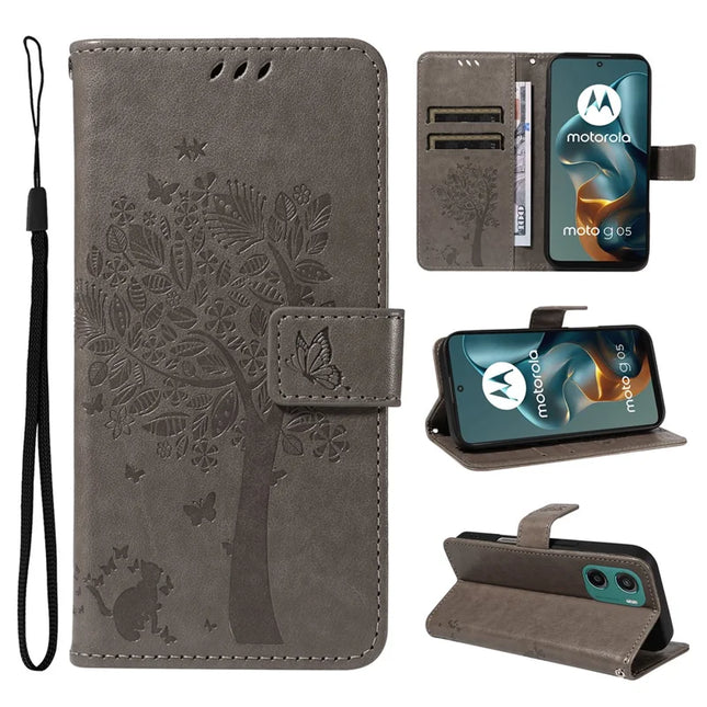 For Motorola Moto G05 4G Leather Phone Case Cat Tree Pattern Design Wallet Cover Stand - Grey