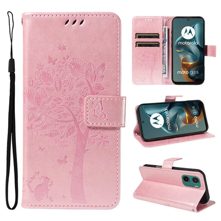 For Motorola Moto G05 4G Leather Phone Case Cat Tree Pattern Design Wallet Cover Stand - Rose Gold