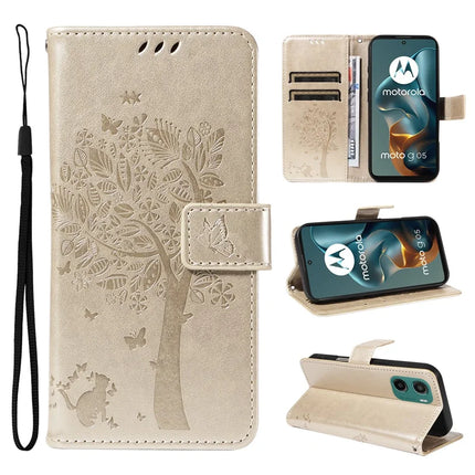 For Motorola Moto G05 4G Leather Phone Case Cat Tree Pattern Design Wallet Cover Stand - Gold