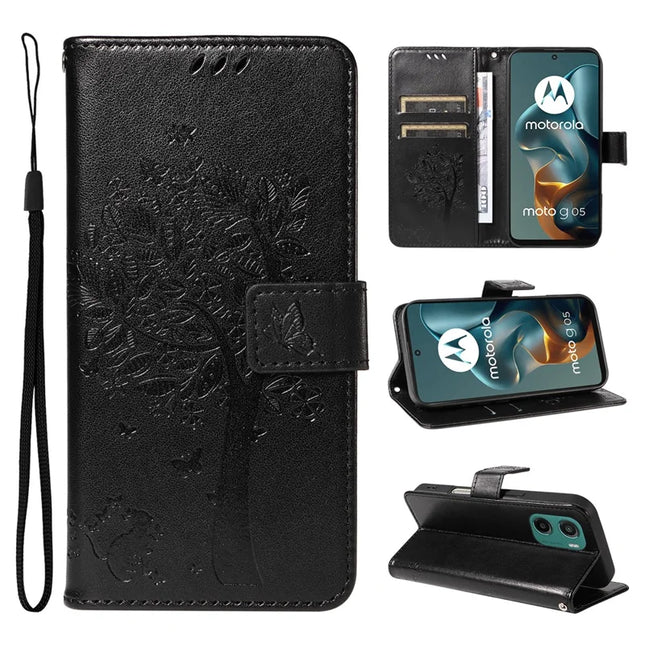 For Motorola Moto G05 4G Leather Phone Case Cat Tree Pattern Design Wallet Cover Stand -  Black
