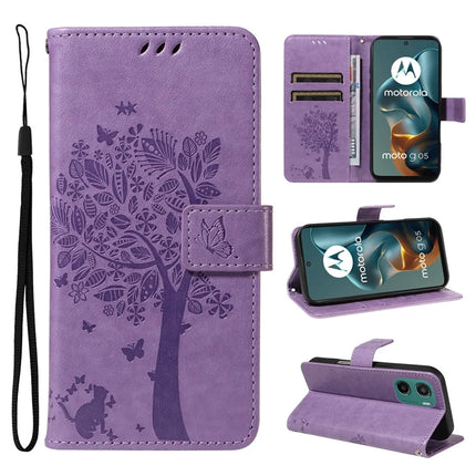 For Motorola Moto G05 4G Leather Phone Case Cat Tree Pattern Design Wallet Cover Stand -  Light Purple