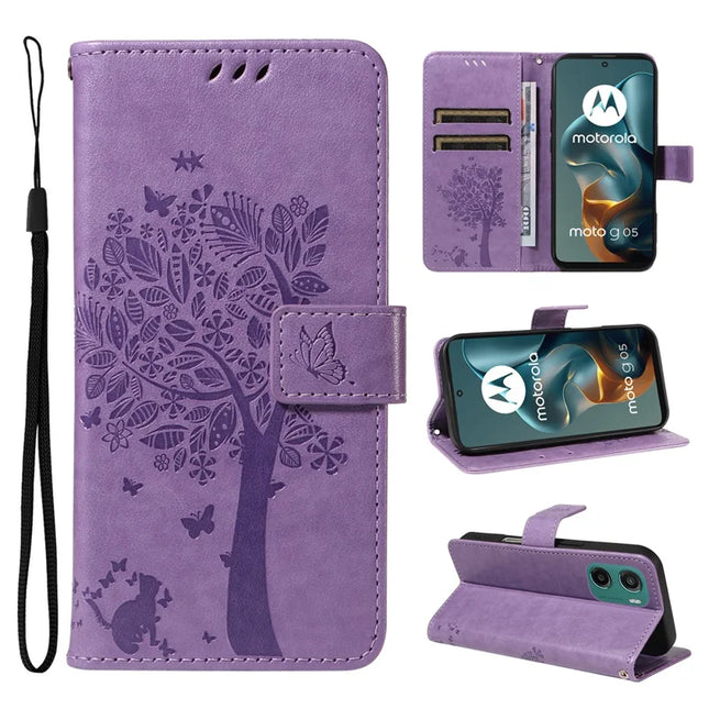 For Motorola Moto G05 4G Leather Phone Case Cat Tree Pattern Design Wallet Cover Stand -  Light Purple