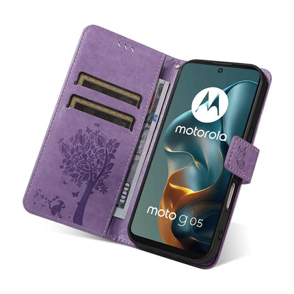 For Motorola Moto G05 4G Leather Phone Case Cat Tree Pattern Design Wallet Cover Stand -  Light Purple