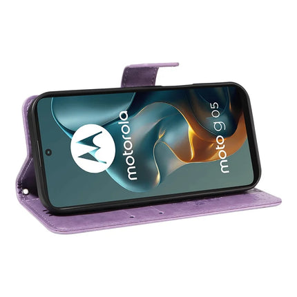 For Motorola Moto G05 4G Leather Phone Case Cat Tree Pattern Design Wallet Cover Stand -  Light Purple