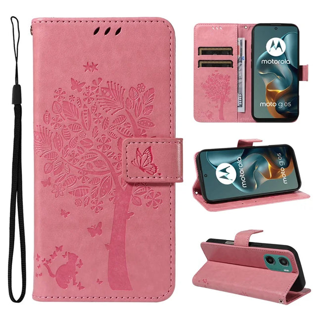 For Motorola Moto G05 4G Leather Phone Case Cat Tree Pattern Design Wallet Cover Stand - Pink