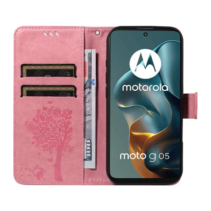 For Motorola Moto G05 4G Leather Phone Case Cat Tree Pattern Design Wallet Cover Stand
