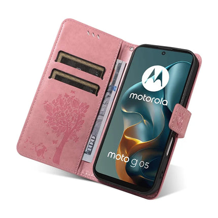 For Motorola Moto G05 4G Leather Phone Case Cat Tree Pattern Design Wallet Cover Stand