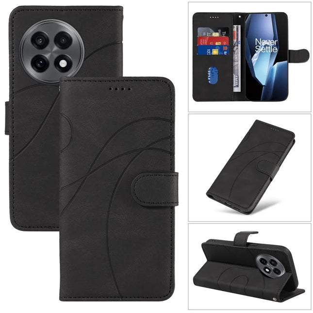 For OnePlus 13R 5G Wallet Case Leather Phone Cover Stand with Curved Line Design -  Black
