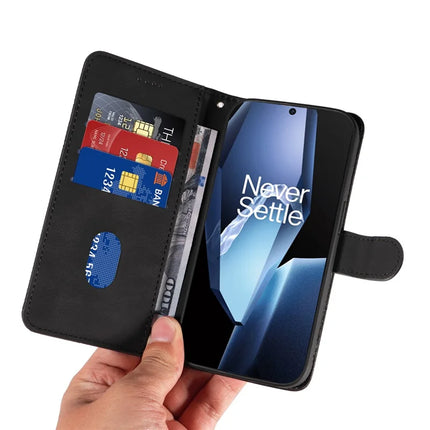 For OnePlus 13R 5G Wallet Case Leather Phone Cover Stand with Curved Line Design -  Black