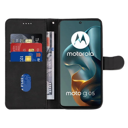 For Motorola Moto G05 4G Wallet Case Leather Phone Cover Stand with Curved Line Design -  Black