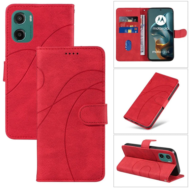 For Motorola Moto G05 4G Wallet Case Leather Phone Cover Stand with Curved Line Design - Red