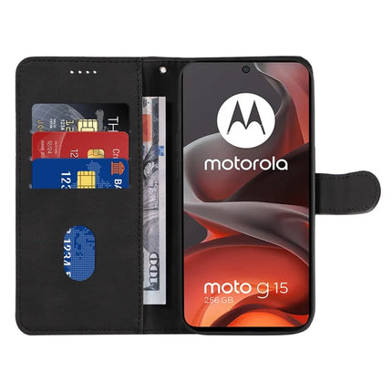 For Motorola Moto G15 4G Wallet Case Leather Phone Cover Stand with Curved Line Design -  Black