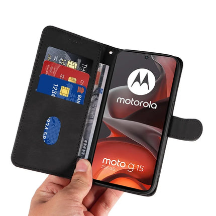 For Motorola Moto G15 4G Wallet Case Leather Phone Cover Stand with Curved Line Design -  Black