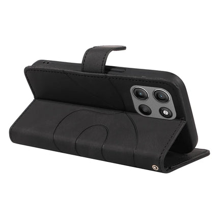 For Motorola Moto G15 4G Wallet Case Leather Phone Cover Stand with Curved Line Design -  Black