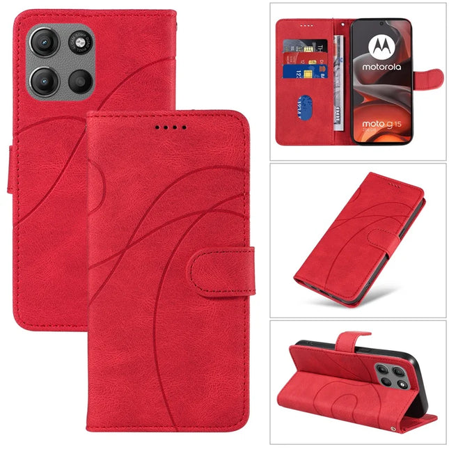 For Motorola Moto G15 4G Wallet Case Leather Phone Cover Stand with Curved Line Design - Red
