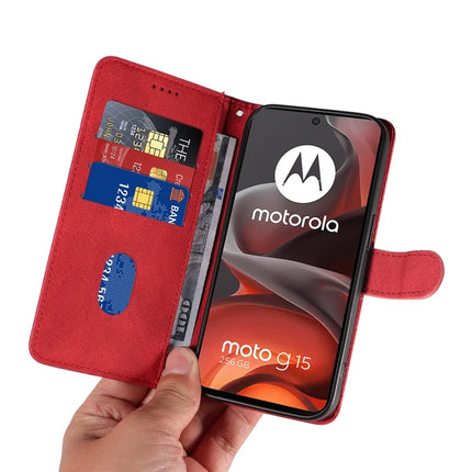 For Motorola Moto G15 4G Wallet Case Leather Phone Cover Stand with Curved Line Design