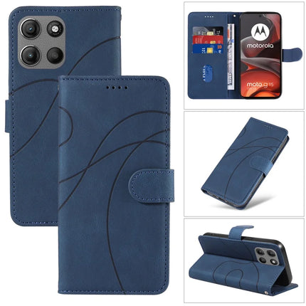 For Motorola Moto G15 4G Wallet Case Leather Phone Cover Stand with Curved Line Design - Blue