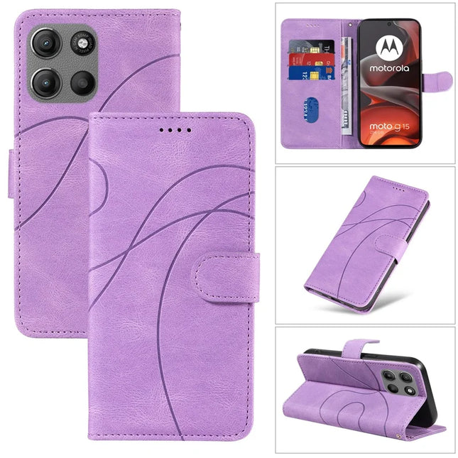 For Motorola Moto G15 4G Wallet Case Leather Phone Cover Stand with Curved Line Design -  Light Purple