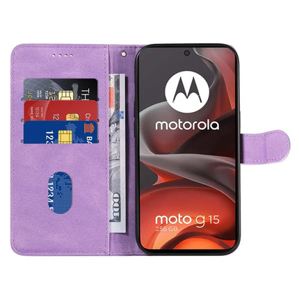 For Motorola Moto G15 4G Wallet Case Leather Phone Cover Stand with Curved Line Design -  Light Purple