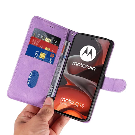 For Motorola Moto G15 4G Wallet Case Leather Phone Cover Stand with Curved Line Design -  Light Purple