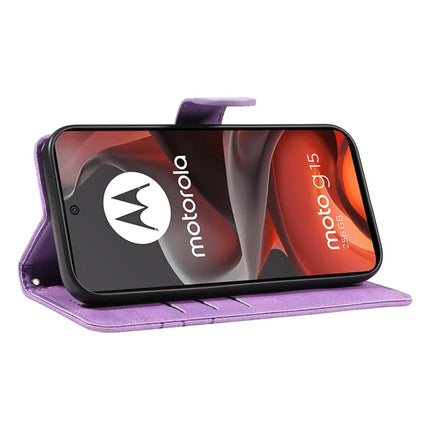 For Motorola Moto G15 4G Wallet Case Leather Phone Cover Stand with Curved Line Design -  Light Purple