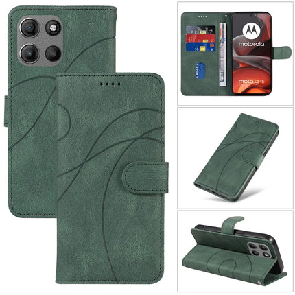 For Motorola Moto G15 4G Wallet Case Leather Phone Cover Stand with Curved Line Design - Green