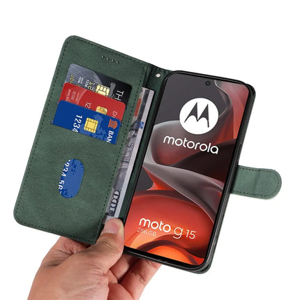 For Motorola Moto G15 4G Wallet Case Leather Phone Cover Stand with Curved Line Design