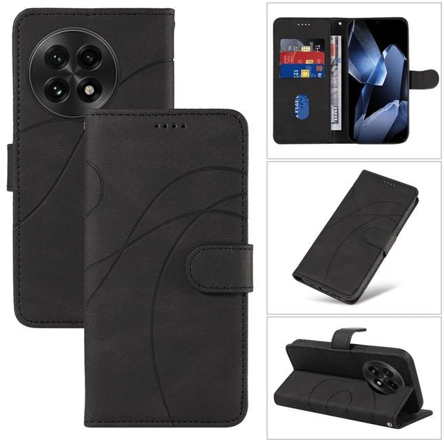 For OnePlus 13 Wallet Case Leather Phone Cover Stand with Curved Line Design -  Black