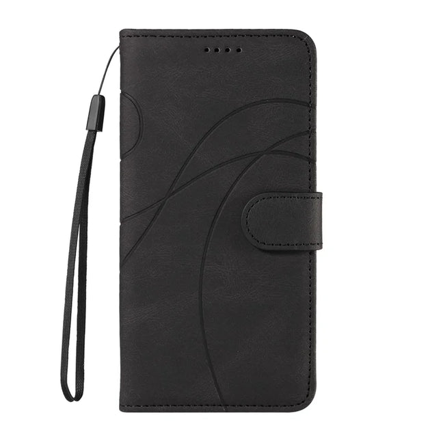 For OnePlus 13 Wallet Case Leather Phone Cover Stand with Curved Line Design -  Black