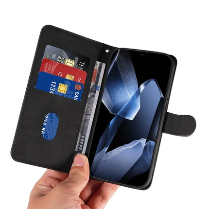 For OnePlus 13 Wallet Case Leather Phone Cover Stand with Curved Line Design -  Black