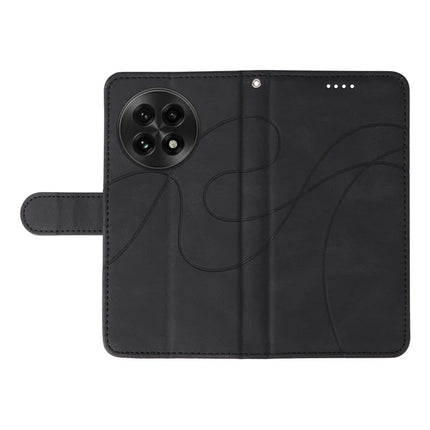 For OnePlus 13 Wallet Case Leather Phone Cover Stand with Curved Line Design -  Black