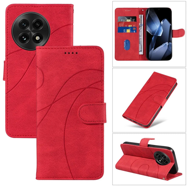 For OnePlus 13 Wallet Case Leather Phone Cover Stand with Curved Line Design - Red