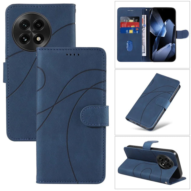 For OnePlus 13 Wallet Case Leather Phone Cover Stand with Curved Line Design - Blue