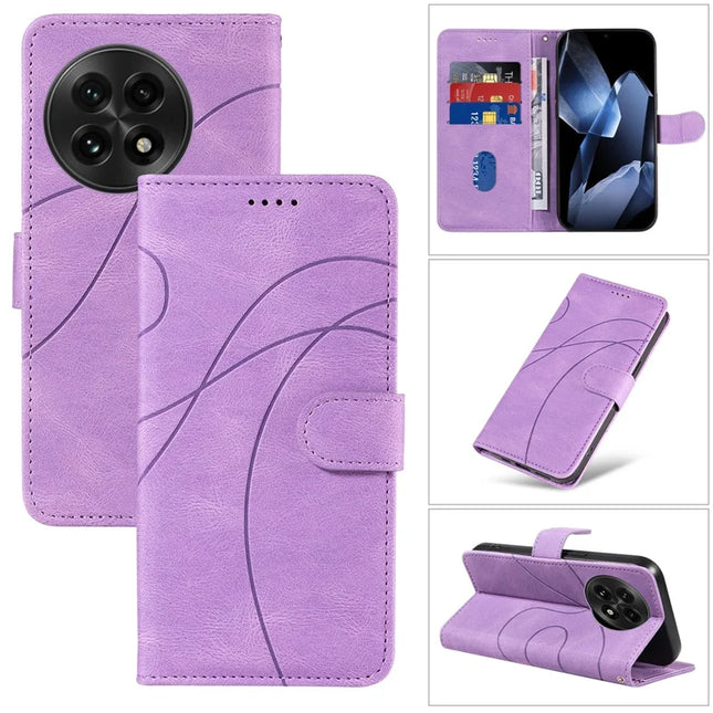 For OnePlus 13 Wallet Case Leather Phone Cover Stand with Curved Line Design -  Light Purple