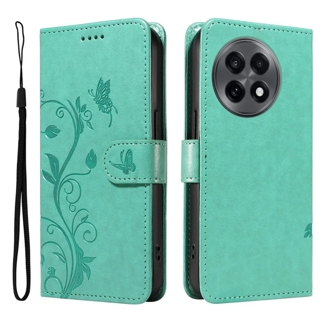 For OnePlus 13R 5G PU Leather Case Flower Pattern Wallet Stand Phone Cover - Green