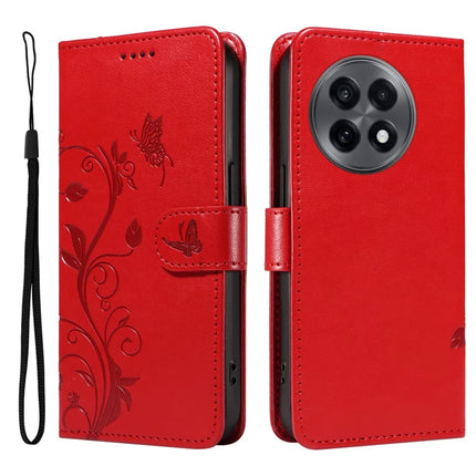 For OnePlus 13R 5G PU Leather Case Flower Pattern Wallet Stand Phone Cover - Red
