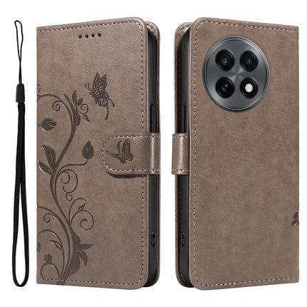 For OnePlus 13R 5G PU Leather Case Flower Pattern Wallet Stand Phone Cover - Grey