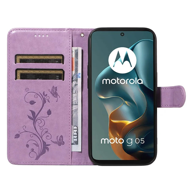 For Motorola Moto G05 4G PU Leather Case Flower Pattern Wallet Stand Phone Cover -  Light Purple
