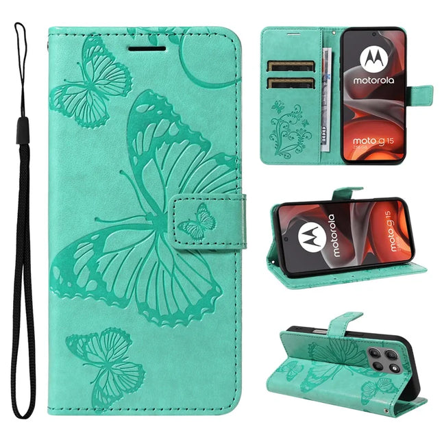 For Motorola Moto G15 4G Wallet Case Floral Butterfly Imprinted Leather Phone Cover Stand -  Green
