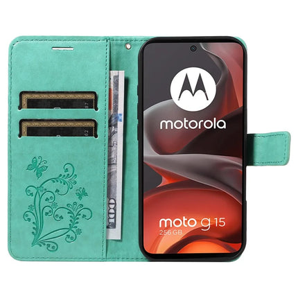 For Motorola Moto G15 4G Wallet Case Floral Butterfly Imprinted Leather Phone Cover Stand -  Green
