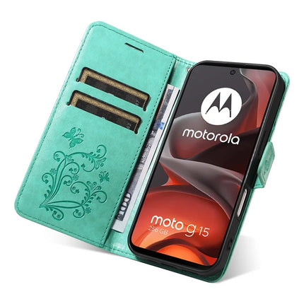 For Motorola Moto G15 4G Wallet Case Floral Butterfly Imprinted Leather Phone Cover Stand -  Green