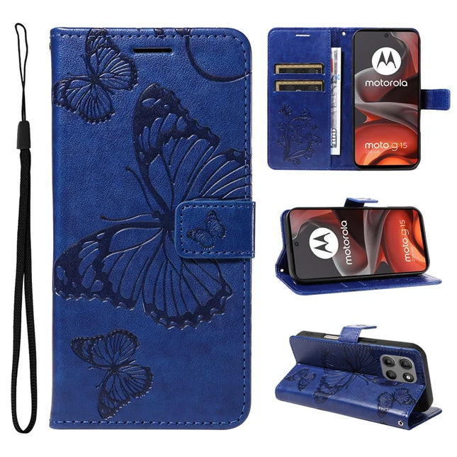 For Motorola Moto G15 4G Wallet Case Floral Butterfly Imprinted Leather Phone Cover Stand - Blue
