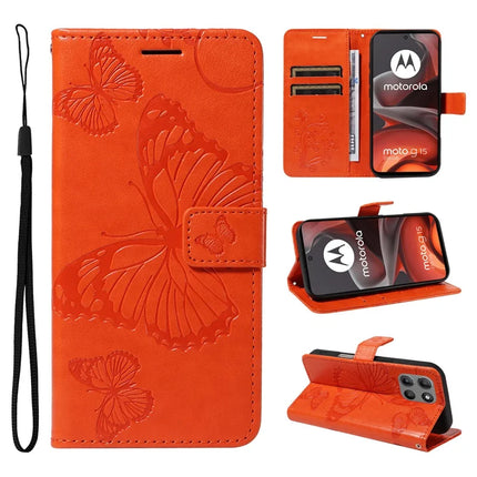 For Motorola Moto G15 4G Wallet Case Floral Butterfly Imprinted Leather Phone Cover Stand - Orange